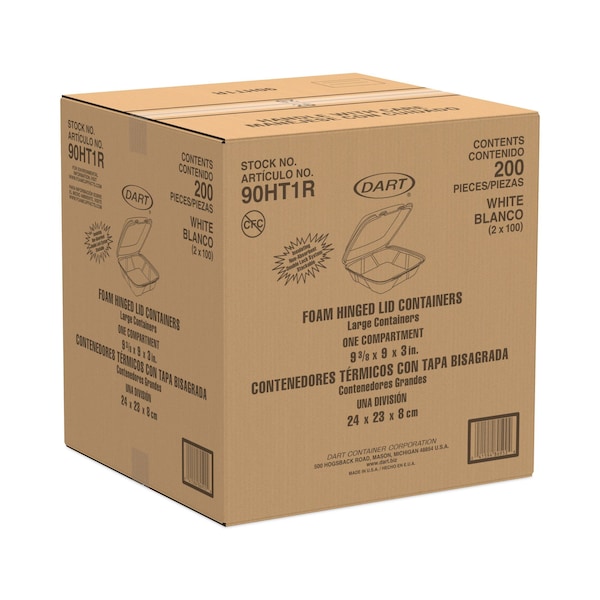Dart Foam Hinged Lid Containers, 9.375 x 9.375 x 3, White, PK200 - 90HT1R
