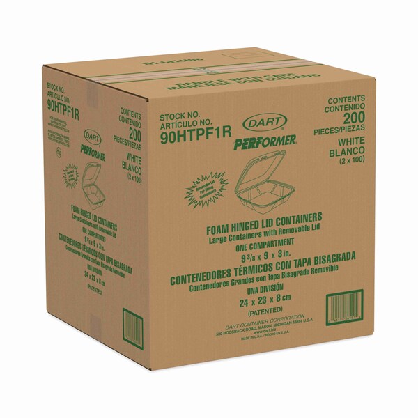 Dart Foam Hinged Lid Container, 1-Comp, 9 x 9 2/5 x 3, White, PK200 - 90HTPF1R