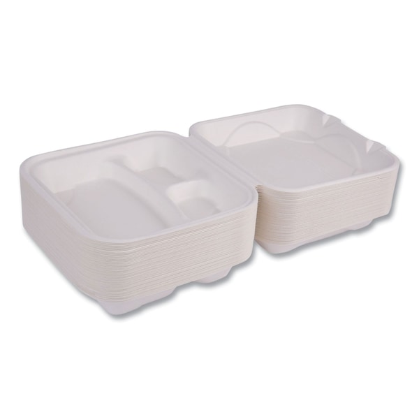 Eco-Products Vanguard Sugarcane Clamshells, 3-Compartment, 9 x 9 x 3, White, PK200 - EP-HC93NFA