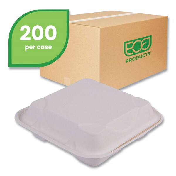 Eco-Products Vanguard Sugarcane Clamshells, 3-Compartment, 9 x 9 x 3, White, PK200 - EP-HC93NFA