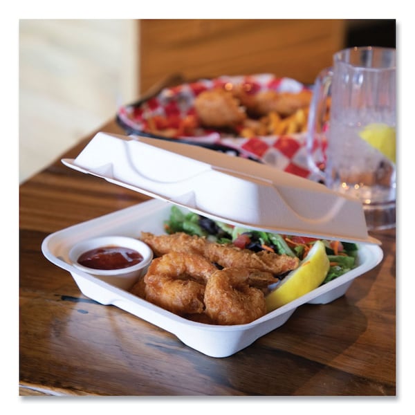 Eco-Products Vanguard Sugarcane Clamshells, 3-Compartment, 9 x 9 x 3, White, PK200 - EP-HC93NFA