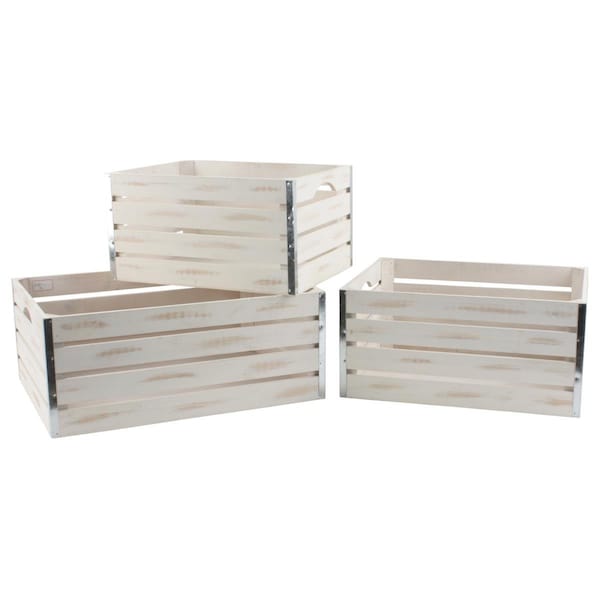 Hearthstone Furniture 8114-S3 Large Whitewash Wood Crates, Set of 3 - HE2681551