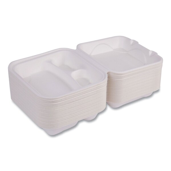 Eco-Products Vanguard Renewable and Compostable Sugarcane Clamshells, 3-Compartment, 8 x 8 x 3, White, 200PK - EP-HC83NFA