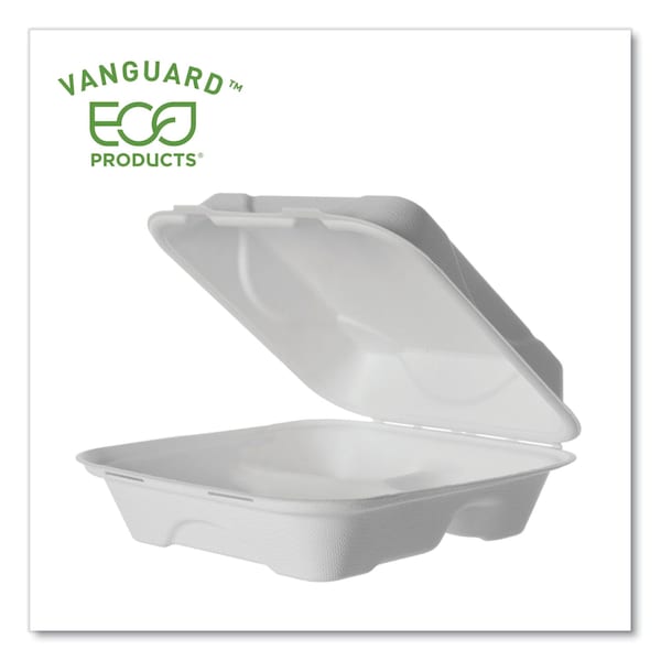 Eco-Products Vanguard Renewable and Compostable Sugarcane Clamshells, 3-Compartment, 8 x 8 x 3, White, 200PK - EP-HC83NFA