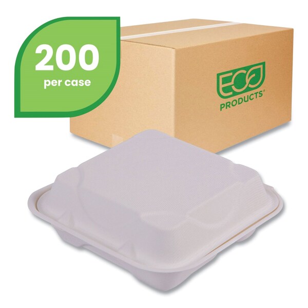 Eco-Products Vanguard Renewable and Compostable Sugarcane Clamshells, 3-Compartment, 8 x 8 x 3, White, 200PK - EP-HC83NFA