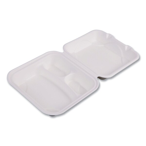 Eco-Products Vanguard Renewable and Compostable Sugarcane Clamshells, 3-Compartment, 8 x 8 x 3, White, 200PK - EP-HC83NFA