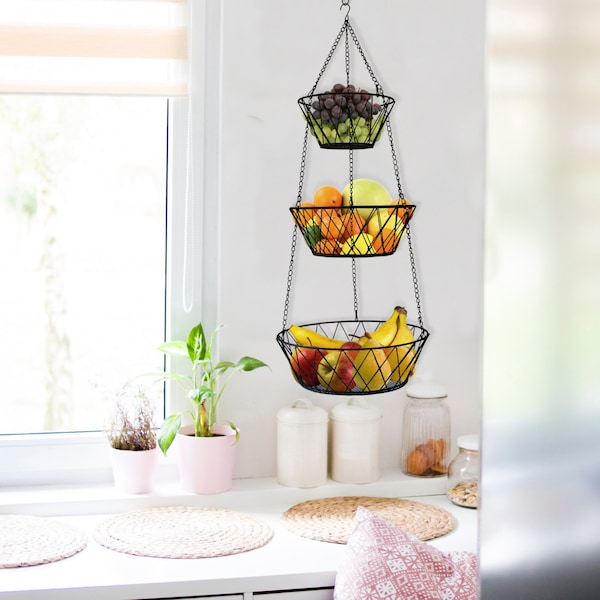 Blue Donuts Heavy Duty - 3 Tier Hanging Kitchen Black Fruit Basket - BD3416328