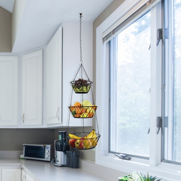 Blue Donuts Heavy Duty - 3 Tier Hanging Kitchen Black Fruit Basket - BD3416328