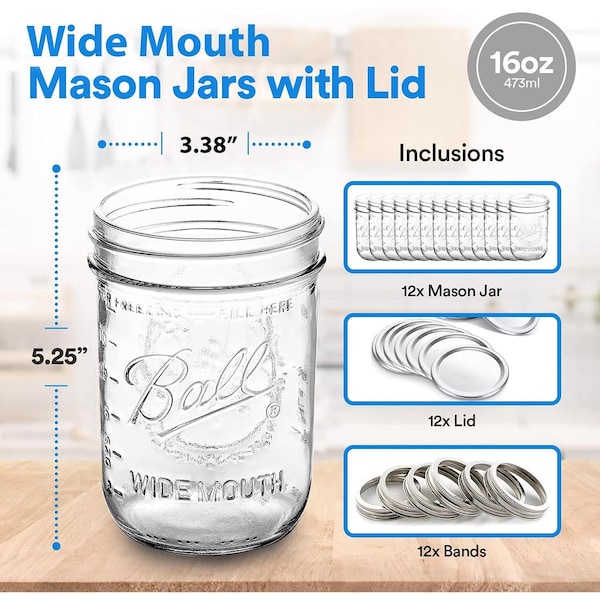 Ball Ball Wide Mouth Mason Jar 16 oz 12 pk - 66000ZFP