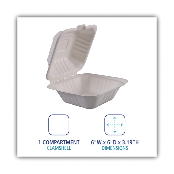 Boardwalk Molded Fiber Food Containers, Hinged-Lid, 1-Comp, 6 x 6, White, PK500 - BWKHINGEWF1CM6