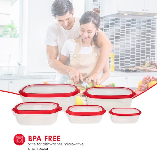 Hds Trading 5 Piece SpillProof  Rectangle Plastic Food Storage  Container with Ventilated, SnapOn  Lids, Red - ZOR95980
