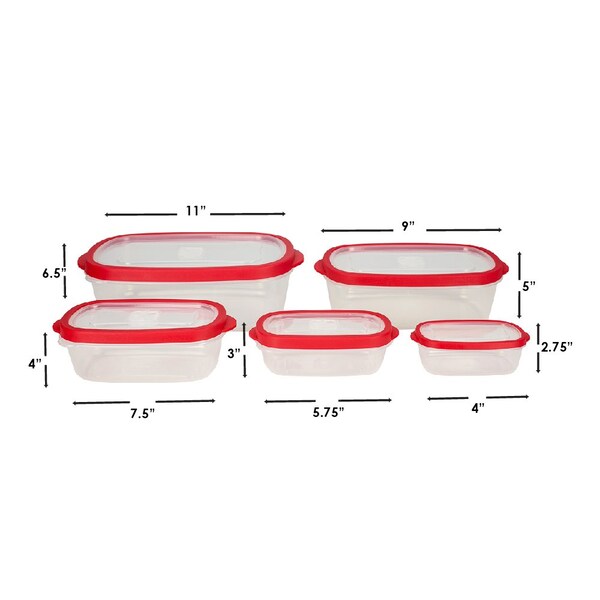 Hds Trading 5 Piece SpillProof  Rectangle Plastic Food Storage  Container with Ventilated, SnapOn  Lids, Red - ZOR95980