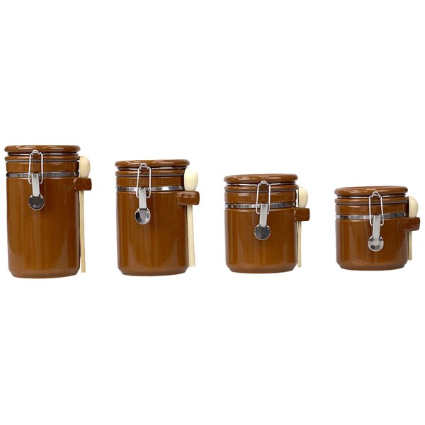 Home Basics 4 Piece Ceramic Canisters  Clamp Top Lid and Wooden Spoons, Brown - CS51198