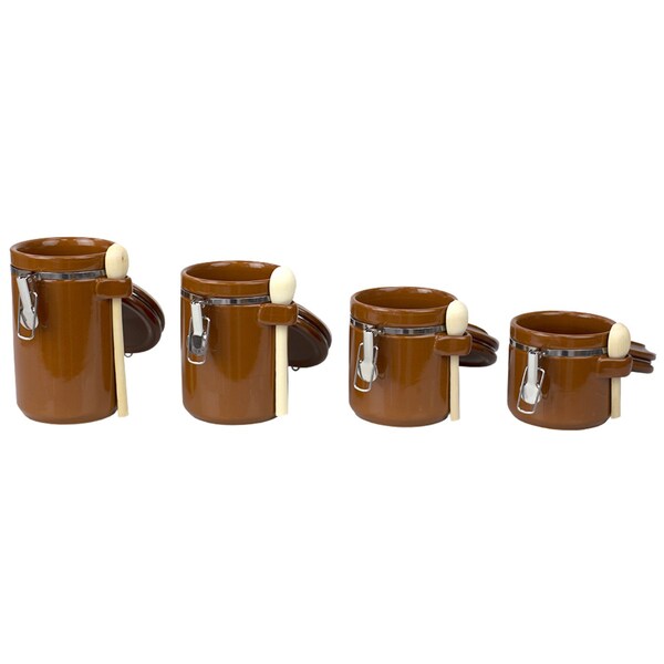 Home Basics 4 Piece Ceramic Canisters  Clamp Top Lid and Wooden Spoons, Brown - CS51198