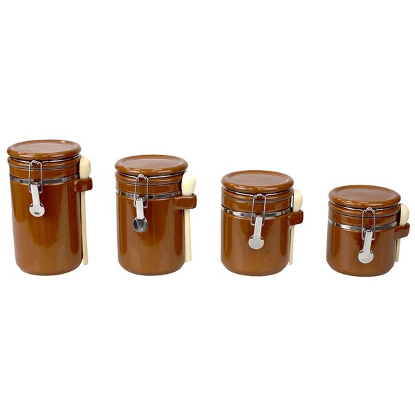 Home Basics 4 Piece Ceramic Canisters  Clamp Top Lid and Wooden Spoons, Brown - CS51198