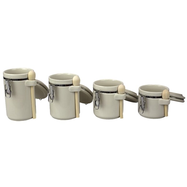 Home Basics 4 Piece Ceramic Canisters  Clamp Top Lid and Wooden Spoons, Beige - CS51199