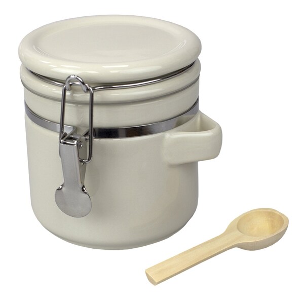 Home Basics 4 Piece Ceramic Canisters  Clamp Top Lid and Wooden Spoons, Beige - CS51199