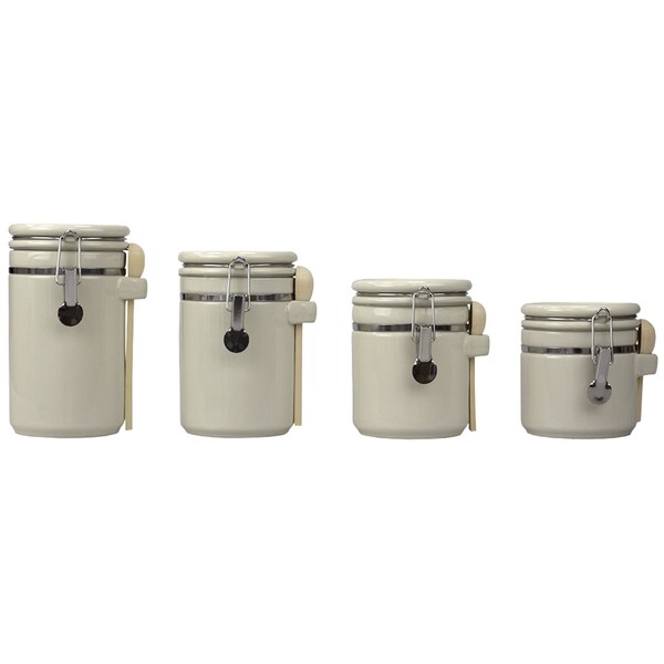 Home Basics 4 Piece Ceramic Canisters  Clamp Top Lid and Wooden Spoons, Beige - CS51199