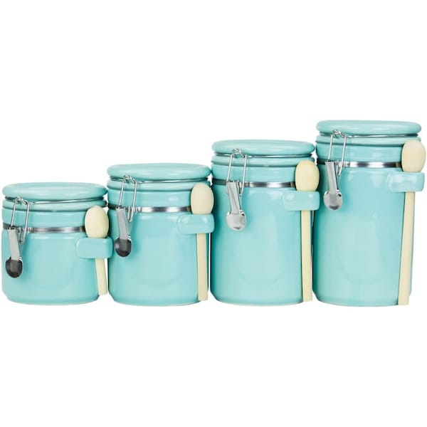 Home Basics 4 Piece Ceramic Canister Set with Wooden Spoons, Turquoise - CS47190