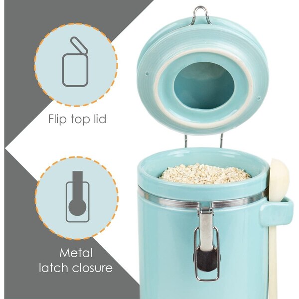 Home Basics 4 Piece Ceramic Canister Set with Wooden Spoons, Turquoise - CS47190