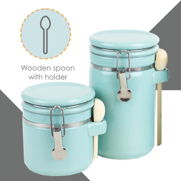 Home Basics 4 Piece Ceramic Canister Set with Wooden Spoons, Turquoise - CS47190