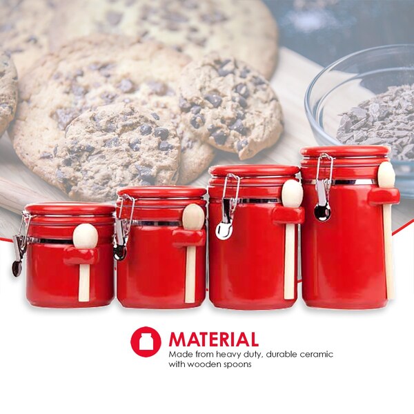 Home Basics 4 Piece Ceramic Canister Set with Wooden Spoons, Red - CS44155