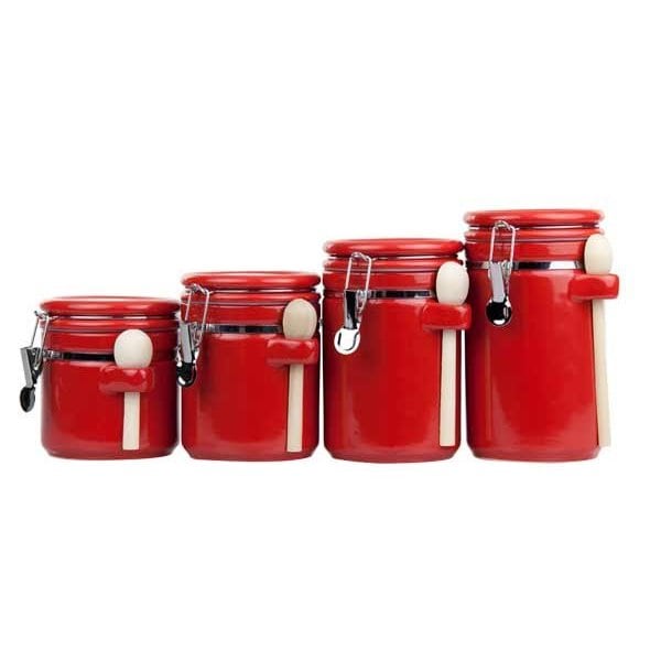 Home Basics 4 Piece Ceramic Canister Set with Wooden Spoons, Red - CS44155