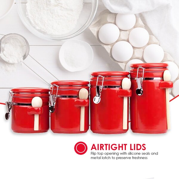 Home Basics 4 Piece Ceramic Canister Set with Wooden Spoons, Red - CS44155