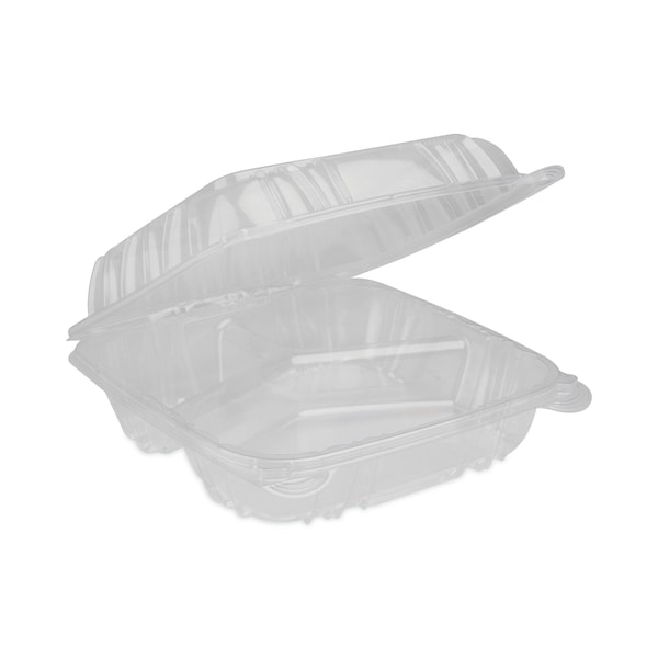 Pactiv Evergreen SENSATION SmartLock Hinged Lid Container, 3-Compartment, 8.24 x 8.34 x 3.05, Clear, 200PK - YCI821230000