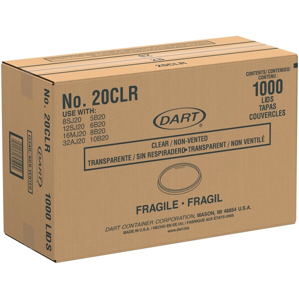 Dart Plastic Lids for Foam Cups, Bowls and Containers, Flat, Not Vented, Fits 6-32 oz, Clear, 1000PK - 20CLR