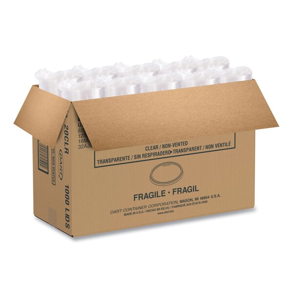 Dart Plastic Lids for Foam Cups, Bowls and Containers, Flat, Not Vented, Fits 6-32 oz, Clear, 1000PK - 20CLR