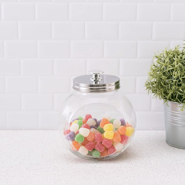 Home Basics Medium 5748 oz Round Glass Medium Candy Storage Jar with Stainless Steel Top, Clear - GJ01384