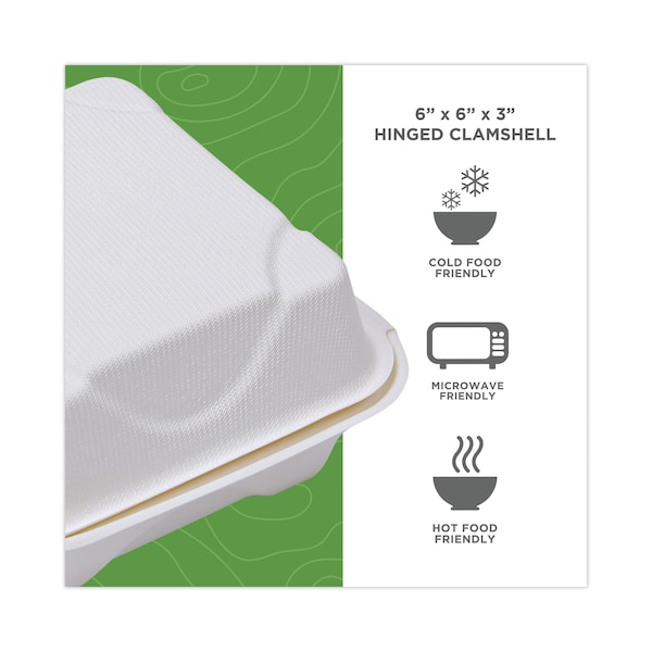 Eco-Products Renewable and Compostable Sugarcane Clamshells, 6 x 6 x 3, PK500 - EP-HC6