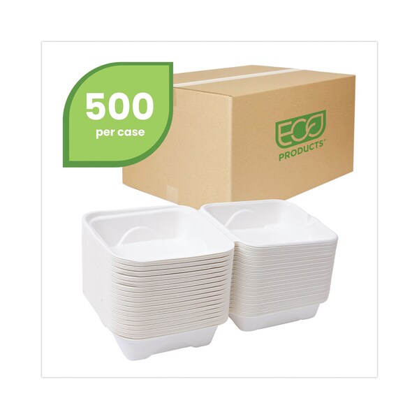Eco-Products Renewable and Compostable Sugarcane Clamshells, 6 x 6 x 3, PK500 - EP-HC6