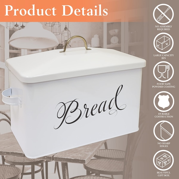 Better Kitchen Products Classic Metal Bread Box with Side Handles and Lid, Large Capacity 2 Bread Loaves, White - 97503