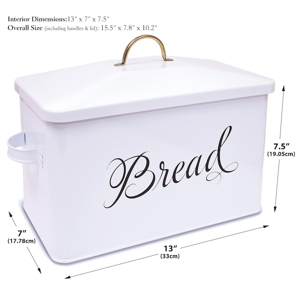 Better Kitchen Products Classic Metal Bread Box with Side Handles and Lid, Large Capacity 2 Bread Loaves, White - 97503