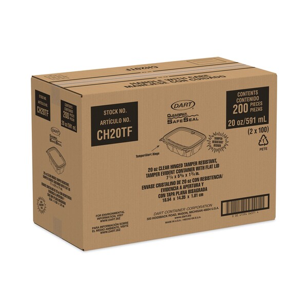 Dart ClearPac SafeSeal Tamper-Resistant/Evident Containers, Flat Lid, 20 oz, 5.7x7.3x1.8, Clear, 200PK - CH20TF