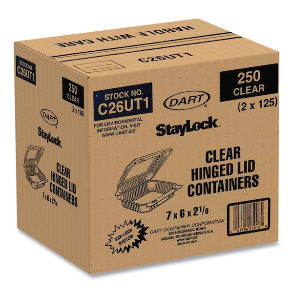 Dart StayLock Clear Hinged Lid Containers, 6 x 7 x 2.1, Clear, 250PK - C26UT1