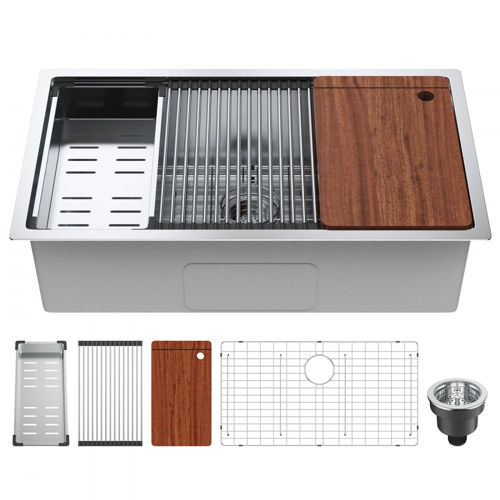 VEVOR Kitchen Sink, 304 Stainless Steel Drop-In Sinks, Undermount Single Bowl Basin with Ledge and Accessories, Household Dishwasher Sinks for Workstation, RV, Prep Kitchen, and Bar Sink, 32 inch - QRSSCTXPDCY32UKD7V0