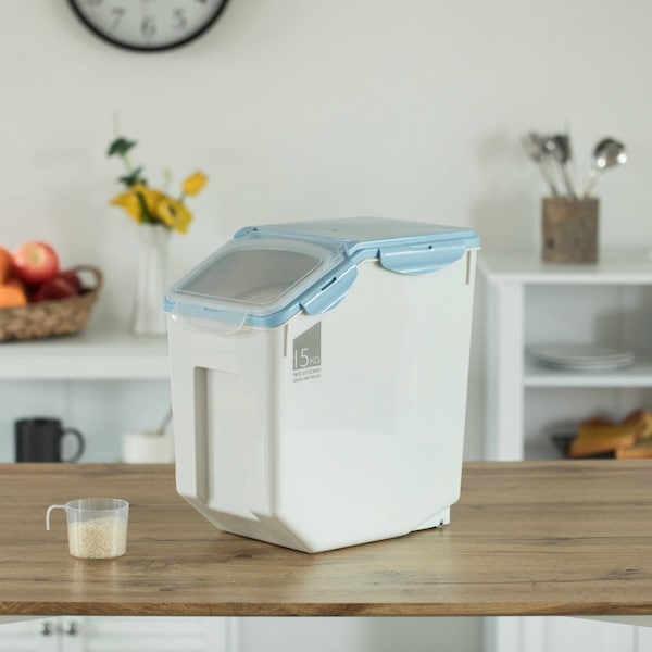 Basicwise White Plastic Storage Food Holder Containers, with a Measuring Cup and Wheels, Large, PK 2 - QI004138L.2