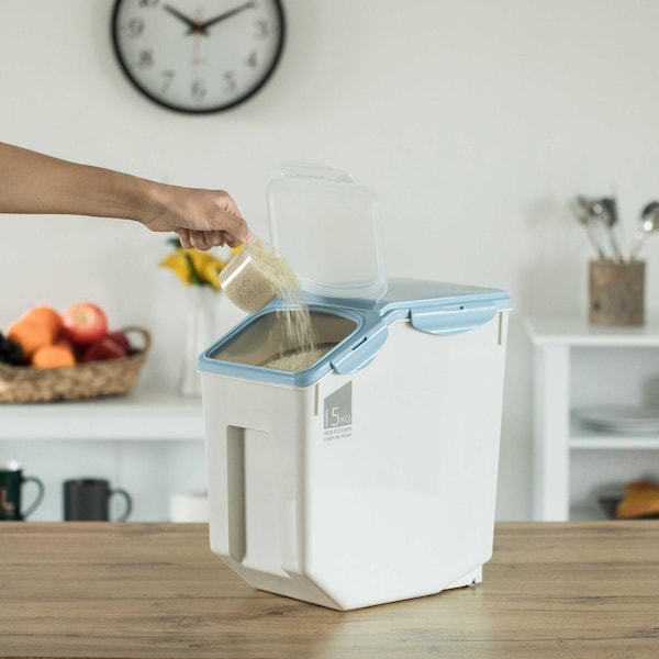 Basicwise White Plastic Storage Food Holder Containers, with a Measuring Cup and Wheels, Large, PK 2 - QI004138L.2