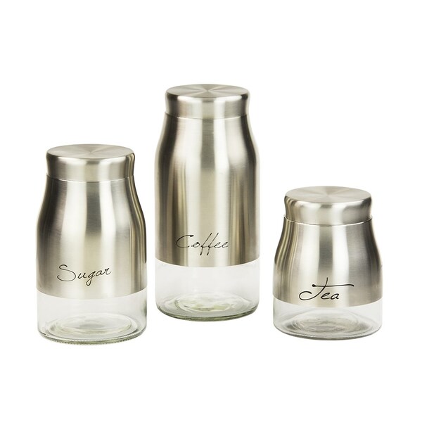 Home Basics 3 Piece Stainless Steel Canister Set with SeeThrough Glass Base, Silver - CS44337