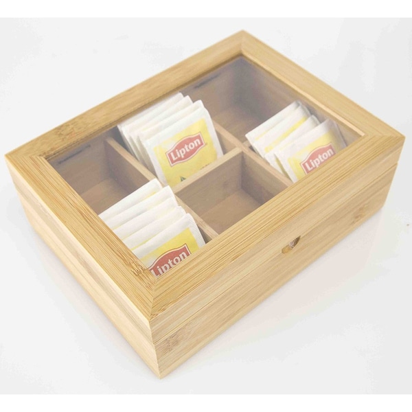 Home Basics 6 Compartment Tea Bag Storage Box with Clear Top, Natural - TB47232