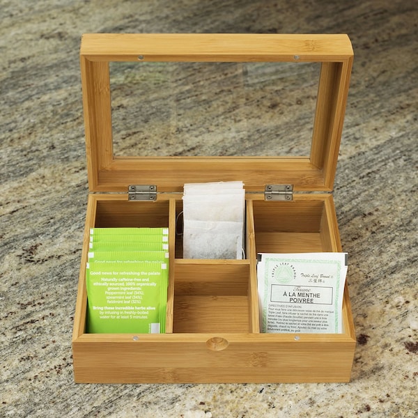 Home Basics 6 Compartment Tea Bag Storage Box with Clear Top, Natural - TB47232