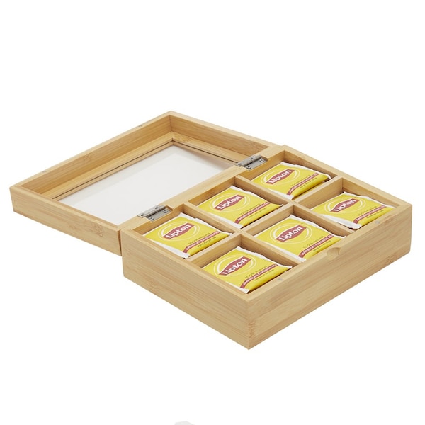 Home Basics 6 Compartment Tea Bag Storage Box with Clear Top, Natural - TB47232