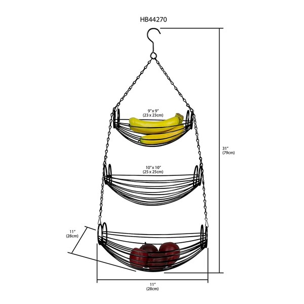 Hds Trading 3 Tier Wire Hanging Oval Fruit Basket, Black - ZOR95930