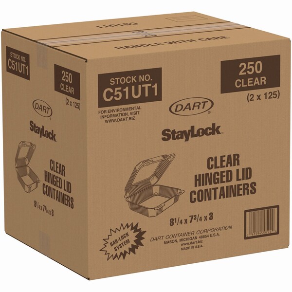 Dart Staylock Clear Hinged Container, Plastic, 8 3/10 x 7 4/5 x 3, PK250 - C51UT1