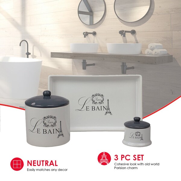Home Basics Le Bain Paris 2 Piece Ceramic Canister Set with Coordinating Ceramic Vanity Tray, White - BA41940