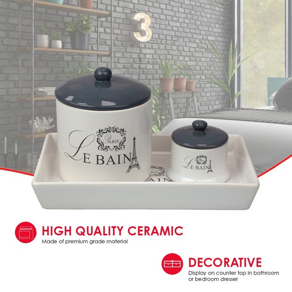 Home Basics Le Bain Paris 2 Piece Ceramic Canister Set with Coordinating Ceramic Vanity Tray, White - BA41940