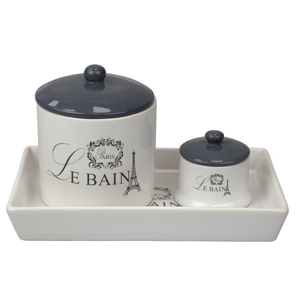 Home Basics Le Bain Paris 2 Piece Ceramic Canister Set with Coordinating Ceramic Vanity Tray, White - BA41940
